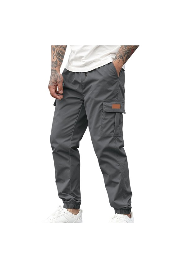 Men's Cargo Pants Drawstring Ankle Cool Silk Cotton Cavalry Oblique Multi-Pocket Work Pants Elastic Waist Joggers Retro Military Trousers Black Workwear Pants Sizes S-3XL