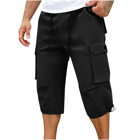 Levmjia Men's Cargo Shorts Elastic Waist 7-Inch Quick-Dry Polyester Drawstring Casual Summer Pants Solid Color Pocket Shorts Breathable Outdoor Shorts Sizes S-2XL