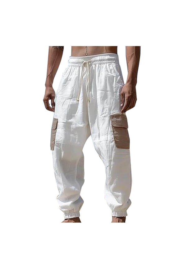 Men's Color Block Cargo Pants 60% Cotton 40% Linen Beach Pants Elastic Drawstring Waist Joggers Loose Fit Ankle Cuff Trousers S-3XL