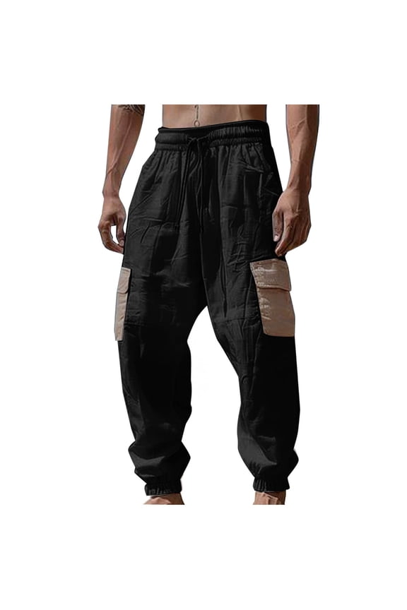 Men's Color Block Cargo Pants 60% Cotton 40% Linen Beach Pants Elastic Drawstring Waist Joggers Loose Fit Ankle Cuff Trousers S-3XL