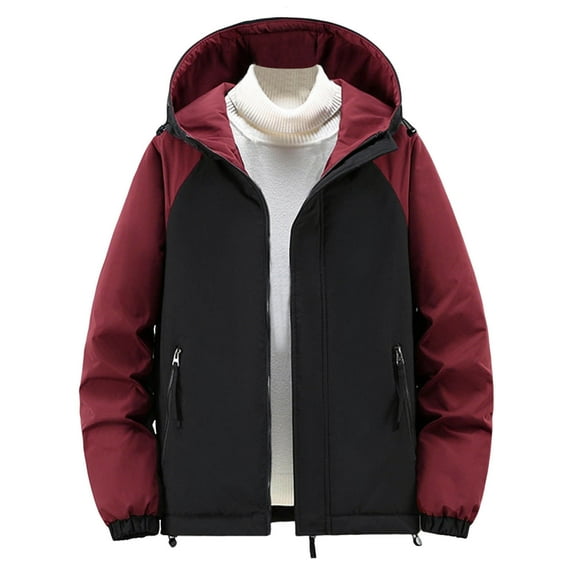 Levmjia Men's Color Block Hooded Jacket Thickened Polyester Workwear Coat Zippered Pocket Winter Parka Heavy Duty Cotton Filled Outerwear Long Sleeve Casual Shield Jacket M-5XL