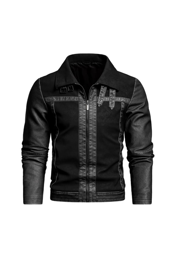 Men's Color Block PU Leather Jacket Vintage Washed Biker Style Coat True Fit Motorcycle Outerwear Distressed Finish Long Sleeve Top Stand Collar Zippered Casual Wear S-3XL