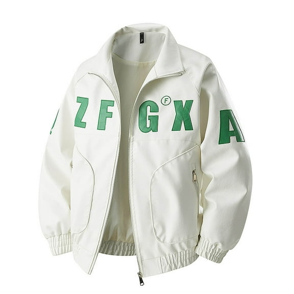 Levmjia Men's Color Block PU Leather Motorcycle Jacket Zipper Snap Closure Biker Coat Stand Collar Streetwear Jacket Long Sleeve Sporty Top Bold Lettering Outerwear M-4XL