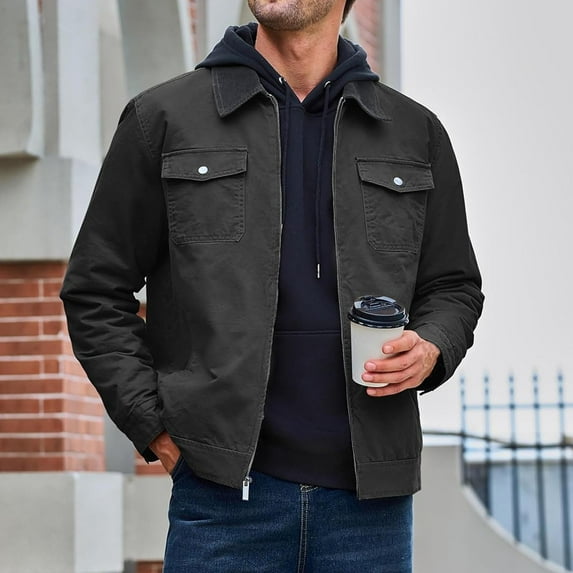 Levmjia Men's Color Block Work Jacket Polyester Twill Fabric Coat Multi-Pocket Zipper Design Thickened Warm Collared Outerwear Long Sleeve Casual Workwear S-2XL