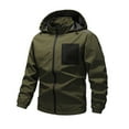 thumbnail image 1 of Levmjia Men's Color Block Workwear Jacket Detachable Hood Windproof Water Resistant Polyester Outdoor Coat Breathable Durable Utility Jacket S-2XL Army Green, 1 of 4