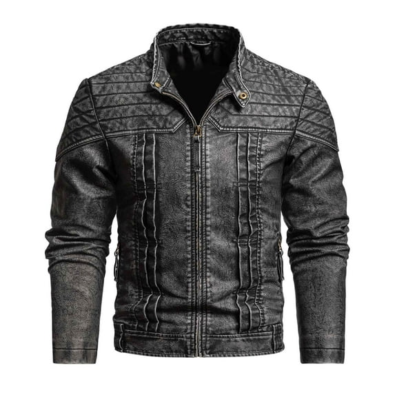 Levmjia Men's Distressed Wash PU Leather Jacket Biker Style Stand Collar Coat Long Sleeve Zippered Motorcycle Top Faux Leather Vintage Outerwear Slim Fit Casual Wear S-3XL