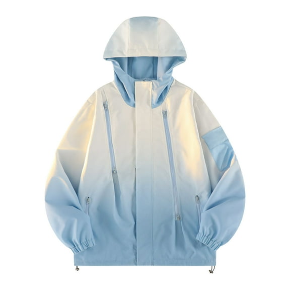 Levmjia Men's Gradient Work Jacket Windproof Waterproof Hooded Outdoor Raincoat Polyester Color Block Puffer Jacket with Multiple Pockets S-3XL Sky Blue