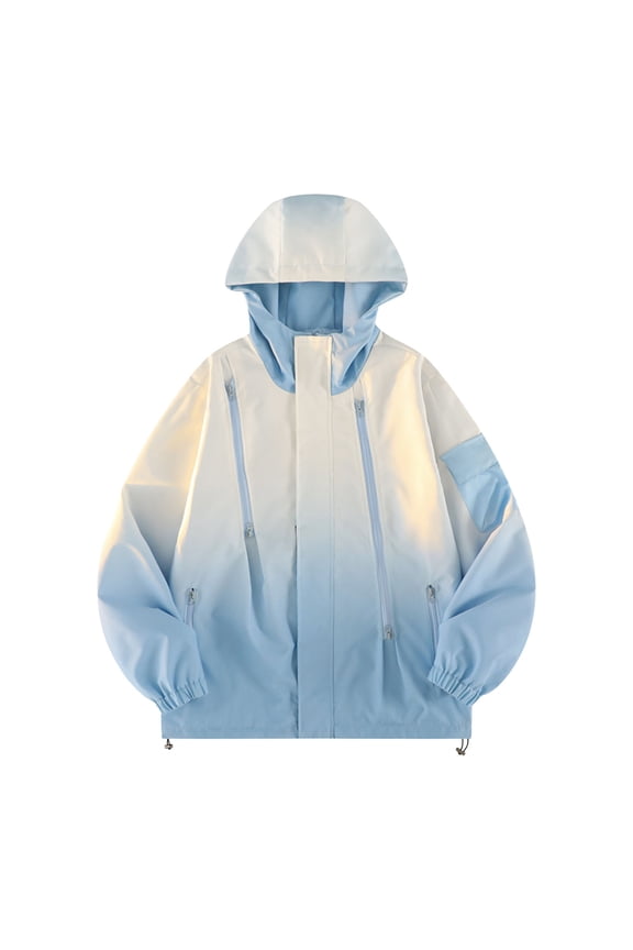 Men's Gradient Work Jacket Windproof Waterproof Hooded Outdoor Raincoat Polyester Color Block Puffer Jacket with Multiple Pockets S-3XL Sky Blue