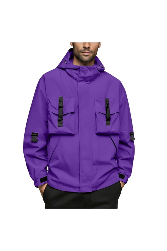 Men's Hooded Jacket Workwear Windbreaker Water Resistant Lightweight Outdoor Jacket 100% Polyester Solid Color Windproof Rain Jacket for Hiking S-4XL Purple