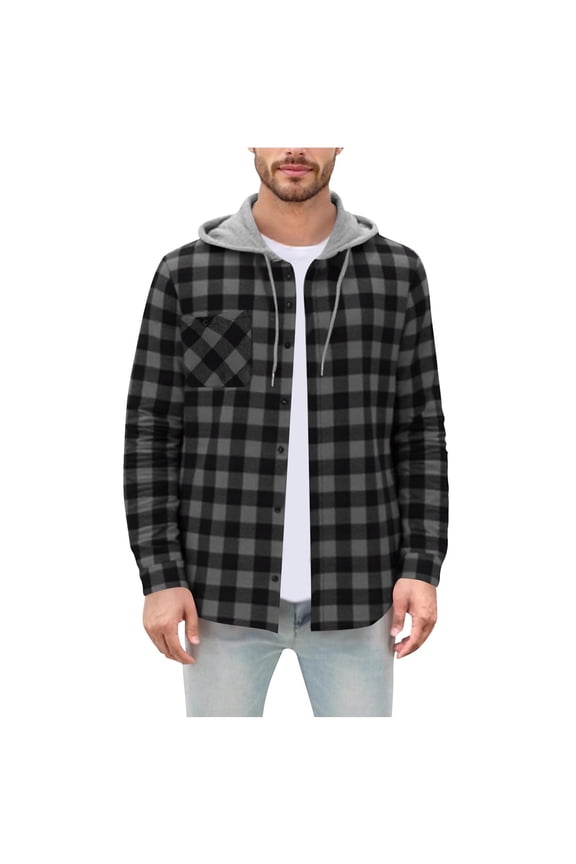 Men's Hooded Plaid Shirt Jacket Cotton Flannel Button-Up Shirt Long Sleeve Hoodie Shirt with Pocket Casual Fall Winter Layering Top Lightweight Checkered Shacket M-3XL
