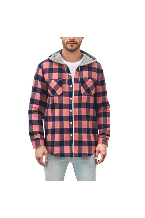 Men's Hooded Plaid Shirt Polyester Cotton Flannel Button-Up Top Long Sleeve Pocket Shirt Jacket Casual Grid Shacket Soft Lounge Wear M-3XL