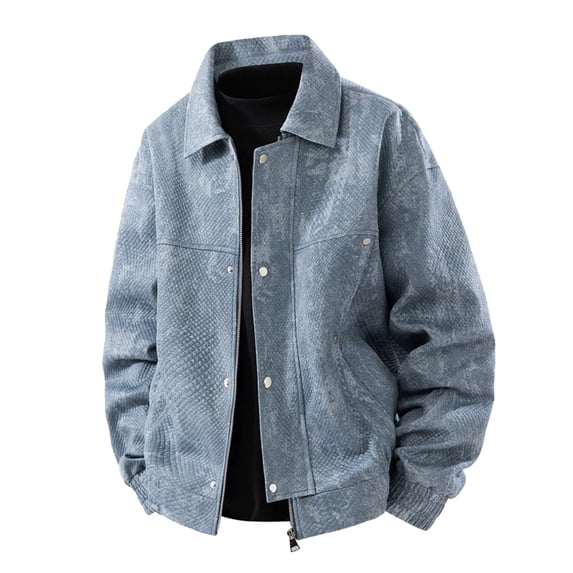 Levmjia Men's Light Blue Work Jacket Vintage Style Denim-Look Polyester Windproof Breathable Zip Front Utility Jacket with Multiple Pockets Casual Coat Sizes M-4XL