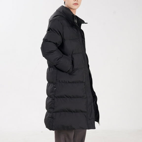 Levmjia Men's Long Puffer Coat Couples Winter Jacket Thickened Hooded Parka Twill Shell Heavy Duty Warm Coat Solid Black Quilted Jacket Zippered Pockets Oversized Fit M-3XL