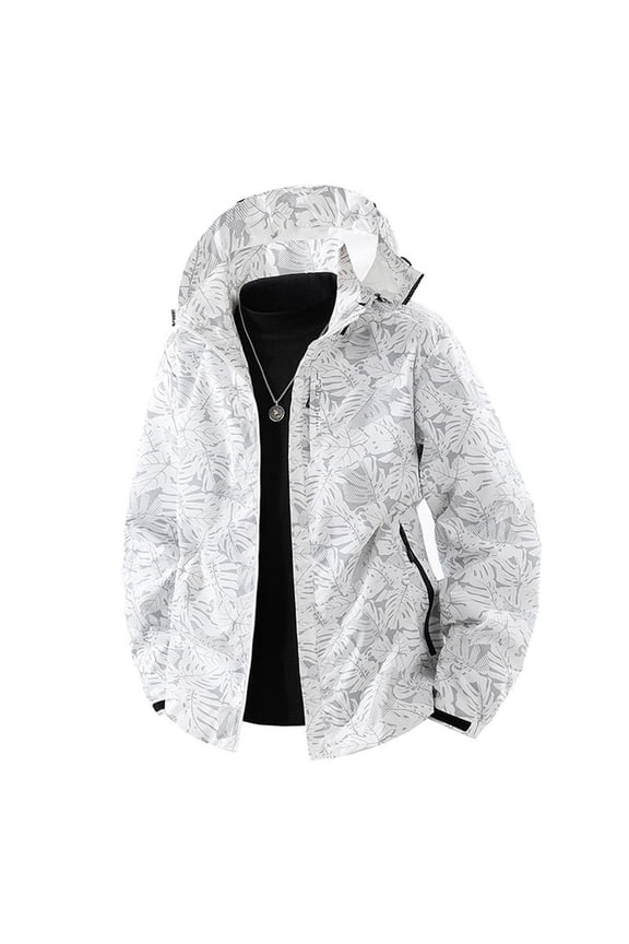 Men's Maple Leaf Print Hooded Jacket Windproof Water Resistant Lightweight Hiking Jacket 100% Polyester Breathable Outdoor Coat M-5XL White