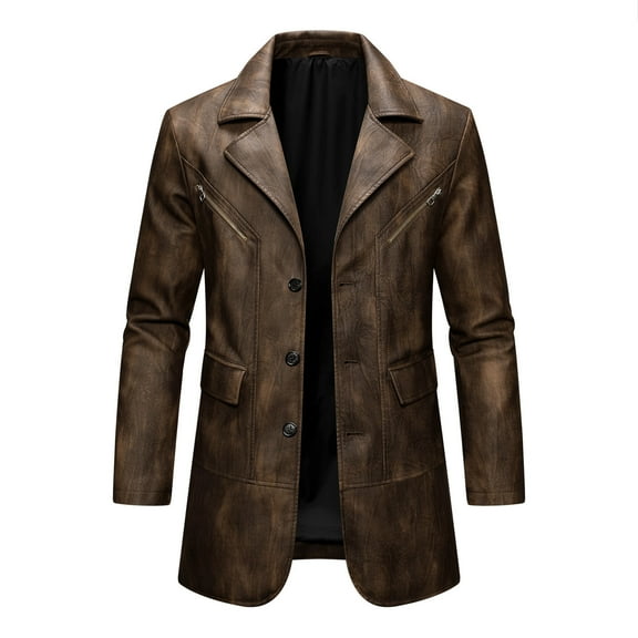 Levmjia Men's Mid-Length Distressed Leather Jacket Vintage Brown PU Coat Button Front Biker Style Multiple Pocket Outerwear Retro Washed Faux Leather Jacket S-3XL