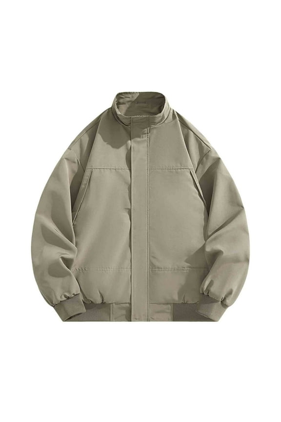 Men's Nylon Stand Collar Jacket Snap Button Pocket Casual Coat Lightweight Zippered Windbreaker Solid Color Long Sleeve Outerwear Durable No-Hood Top M-3XL