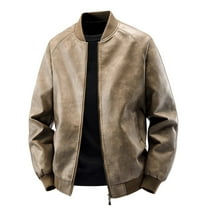 Levmjia Men's PU Leather Jacket Baseball Style Flight Jacket Distressed Brown Motorcycle Jacket Stand Collar Jacket Loose Fit PU Coat Vintage Aviator Jacket Sizes S-5XL