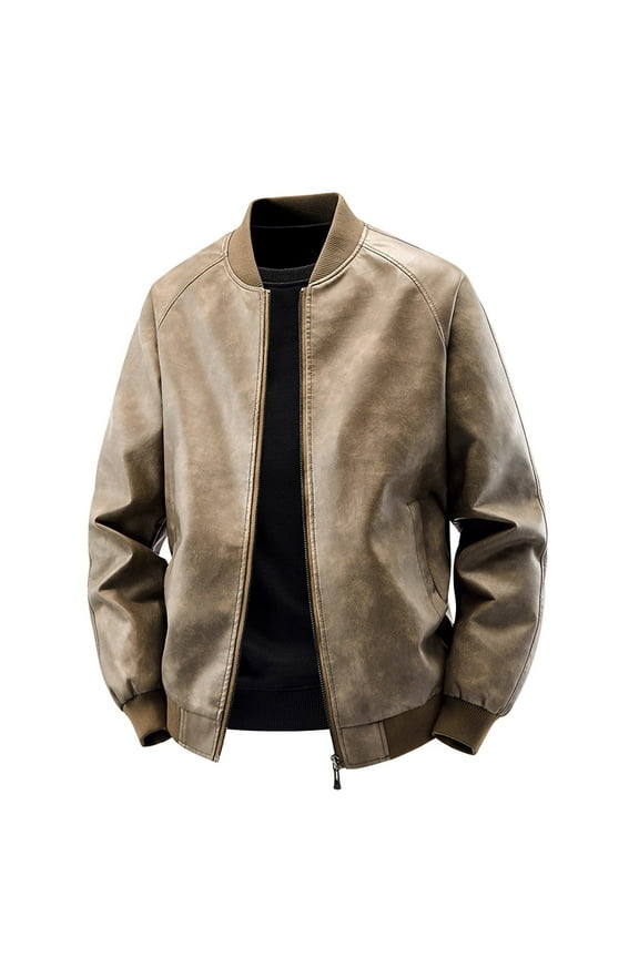 Men's PU Leather Jacket Baseball Style Flight Jacket Distressed Brown Motorcycle Jacket Stand Collar Jacket Loose Fit PU Coat Vintage Aviator Jacket Sizes S-5XL
