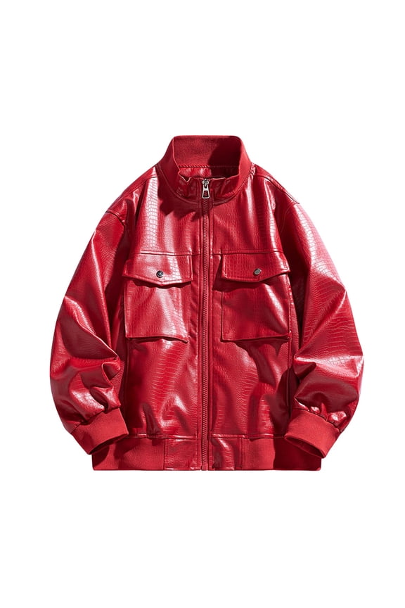 Men's PU Leather Jacket Crocodile Texture Jacket Vintage Biker Style Stand Collar Motorcycle Jacket Faux Leather Outerwear Men's Fashion Jacket Sizes M-3XL