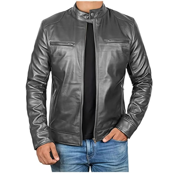 Levmjia Men's PU Leather Jacket Retro Biker Jacket Silver Gray Faux Leather Coat Men's Stand Collar Jacket Motorcycle Style Jacket Faux Leather Outerwear Sizes S-5XL
