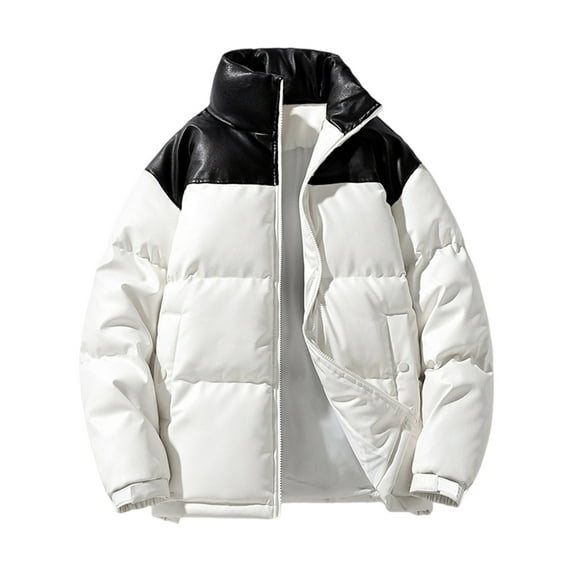 Levmjia Men's PU Leather Stand Collar Jacket Color Block Thermal Padded Coat Zipper Front Sportswear Long Sleeve No Hood Outerwear Winter Warm Casual Blazer M-4XL