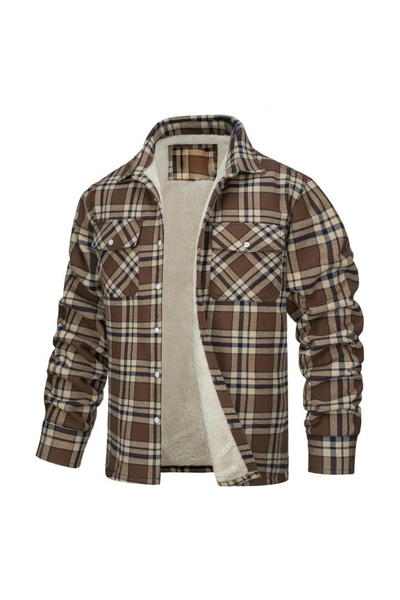Men's Plaid Flannel Shirt Jacket Fleece Lined Cotton Polyester Blend Button Down Collar Long Sleeve Thermal Winter Casual Wear Pocketed Warm Layering Top S-5XL