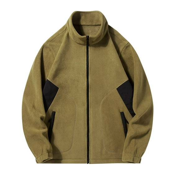 Levmjia Men's Polyester Fleece Jacket Stand Collar Zip Front Coat Zippered Pocket Casual Wear Soft Fuzzy Outerwear Olive Green Workwear Top Long Sleeve Elastic Cuff Jacket M-4XL