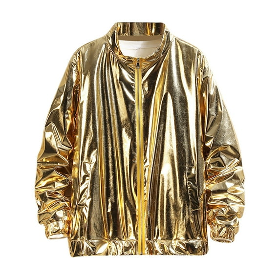 Levmjia Men's Shiny Performance Jacket Stage Wear Loose Fit Nylon Spandex Matte Coat Long Sleeve Dance Concert Top Stylish Outerwear M-3XL Gold