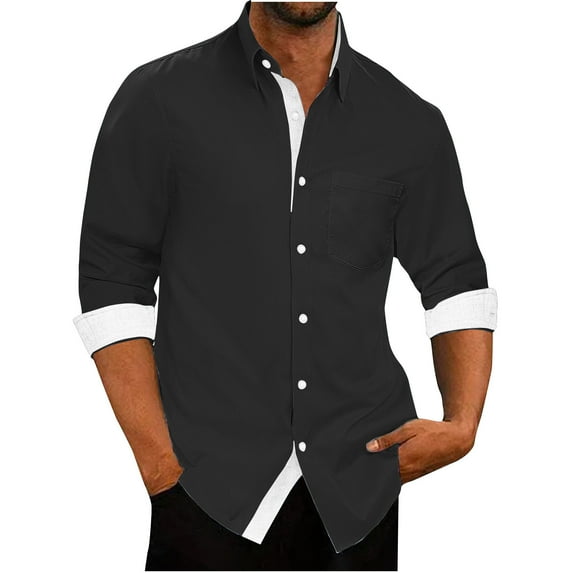 Levmjia Men's Shirts Long Sleeve Casual Fashion Patchwork Turn-down Collar Cotton Lapel Tie Pocket Button Shirt