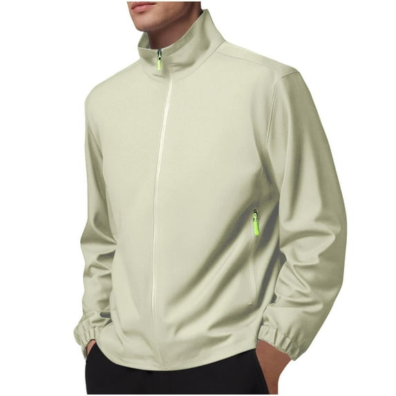 Levmjia Men's Solid Color Outdoor Windbreaker Jacket 100% Polyester Water Repellent Breathable Hiking Jacket with Zipper Pockets Lightweight Rain Coat S-4XL Beige