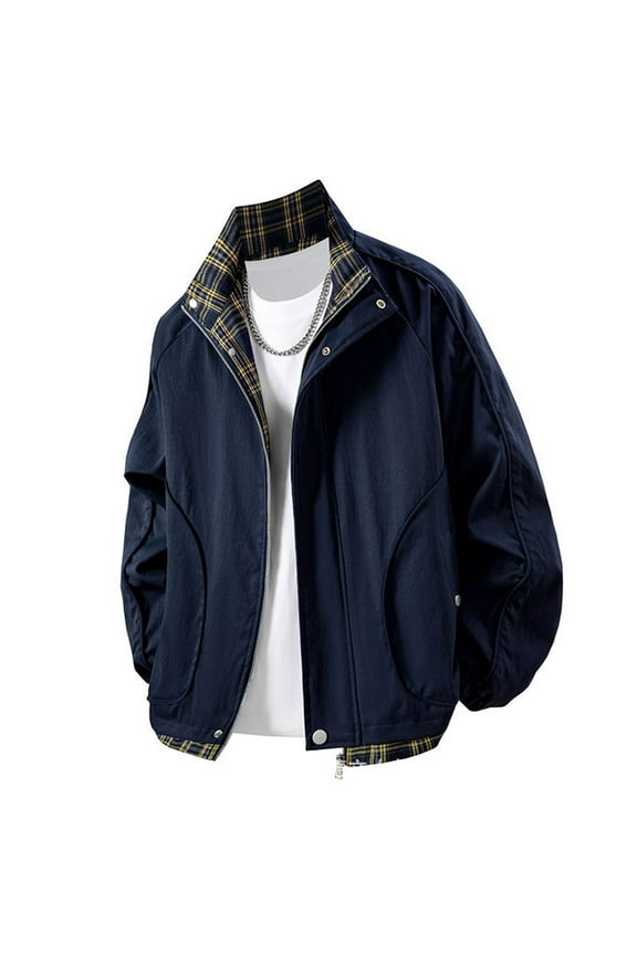 Men's Solid Color Spliced Check Windbreaker Jacket Water-Resistant Snap Button Zipper Pockets Long Sleeve Stand Collar Outdoor Coat Lightweight Hiking Top M-3XL