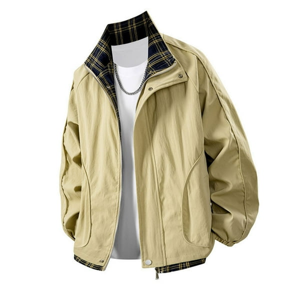 Levmjia Men's Solid Color Spliced Check Windbreaker Jacket Water-Resistant Snap Button Zipper Pockets Long Sleeve Stand Collar Outdoor Coat Lightweight Hiking Top M-3XL