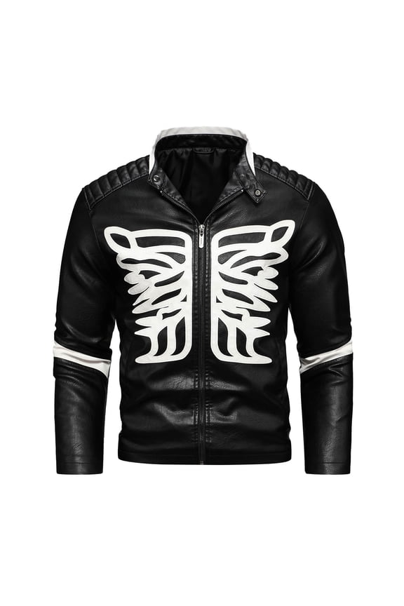 Men's Spliced Print PU Leather Jacket Distressed Wash Biker Coat Zippered Stand Collar Motorcycle Top Long Sleeve Vintage Style Outerwear Graphic Design Faux Leather S-3XL