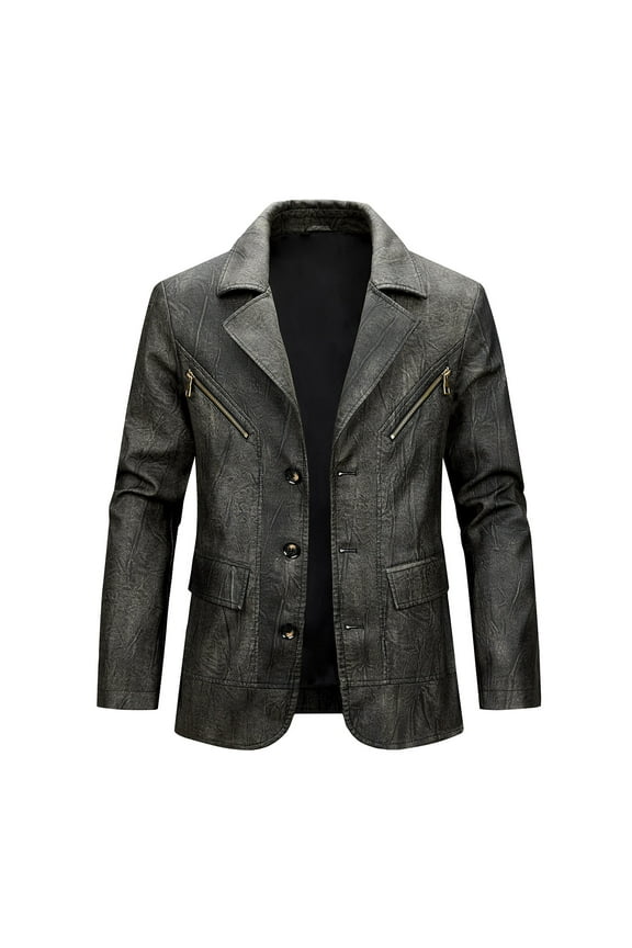 Men's Suit Style Lapel PU Leather Jacket Distressed Washed Vintage Coat Long Sleeve Casual Blazer Retro Biker Inspired Outerwear Slim Fit Faux Leather Top S-3XL