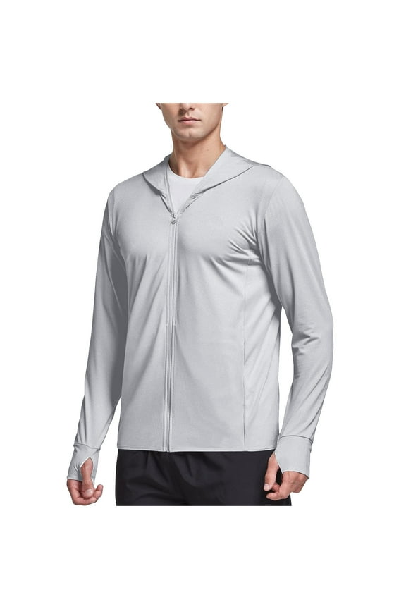 Men's Sun Protection Jacket with Thumb Holes Lightweight Hooded Fitness Jacket Quick-Dry Outdoor Sports Wear with Inner Pockets Polyester S-3XL Gray