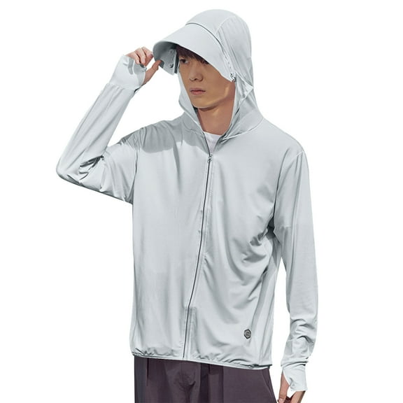 Levmjia Men's UPF50  Sun Protection Jacket Lightweight Hooded Outdoor Jacket Breathable Quick-Dry Fishing Sportswear Polyester Drawstring Hood M-5XL White