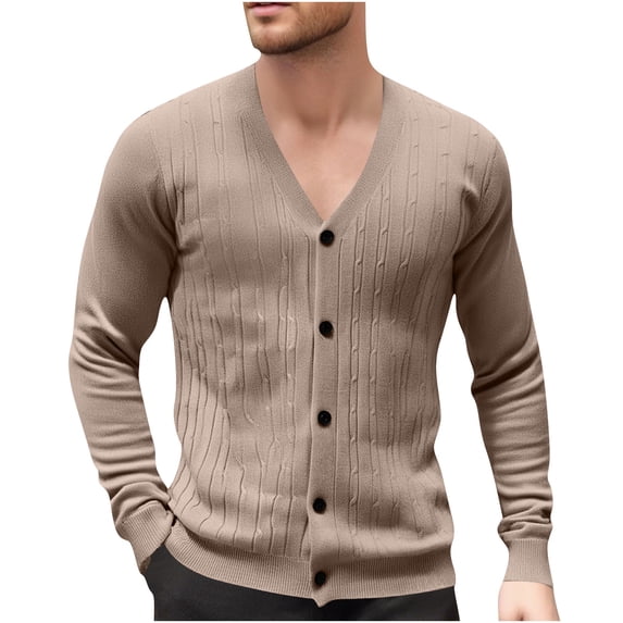 Levmjia Men's V-Neck Jacquard Sweater Acrylic Knit Cardigan Casual Lightweight Fall Fashion Comfortable Thin Jacket Basic Style Layering Piece XS-2XL Coffee