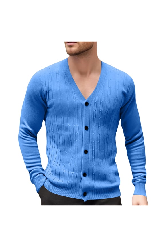 Men's V-Neck Jacquard Sweater Acrylic Knit Cardigan Casual Lightweight Fall Fashion Comfortable Thin Jacket Basic Style Layering Piece XS-2XL Blue
