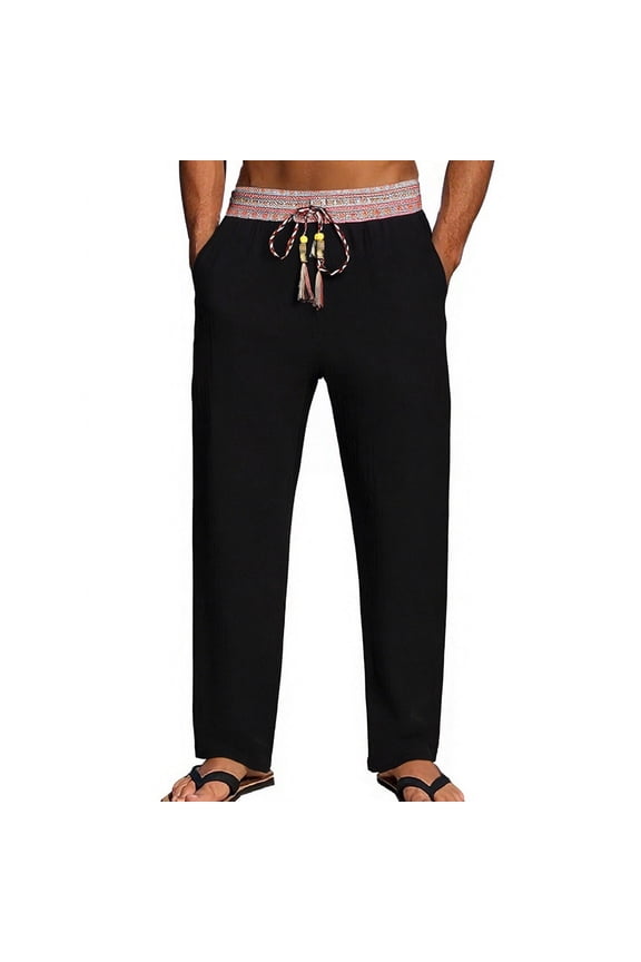 Men's Vintage Color-Block Linen Pants Loose-Fit Casual Trousers with Tassel Waistband Breathable Flax Pre-Shrunk Sports Pants S-3XL