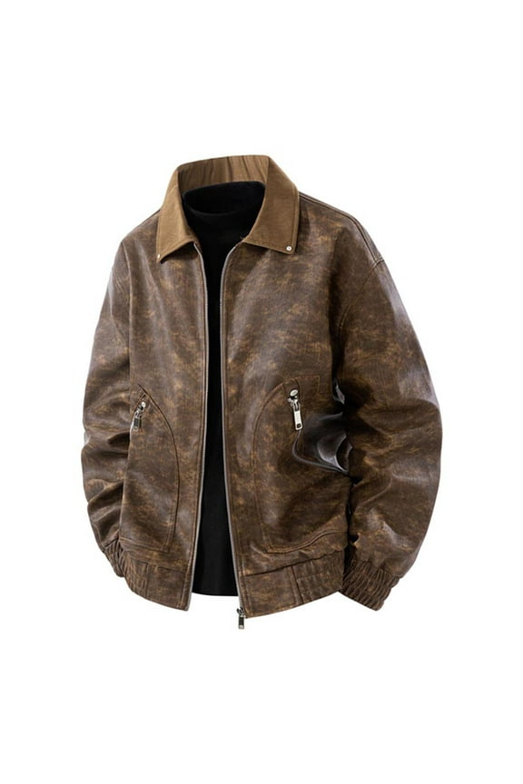 Men's Vintage PU Leather Jacket Solid Color Workwear Coat Distressed Faux Leather Motorcycle Biker Jacket Zip Up Collar Outerwear Sizes M-4XL