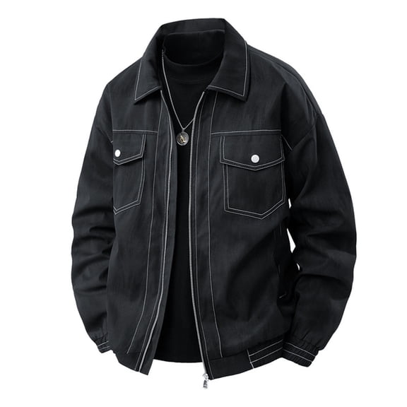 Levmjia Men's Vintage Workwear Jacket Twill Turn-Down Collar Coat Solid Color Utility Pocket Casual Wear Durable Long Sleeve Outerwear Retro Style No-Hood Top L-5XL