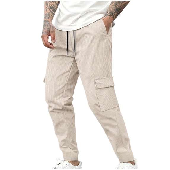 Levmjia Men's Waffle Texture Cargo Pants Elastic Waist Drawstring Trousers Poly Rayon Cotton Spandex Blend Workwear Pants S-3XL