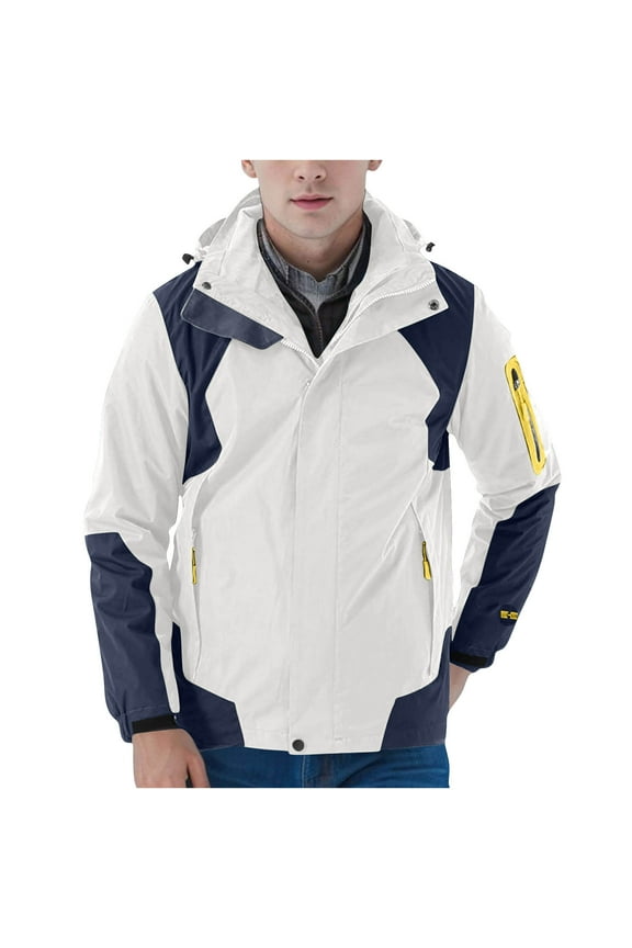 Men's Water-Resistant Hiking Jacket Detachable Hood Outdoor Coat Lightweight Packable Rain Jacket Polyester Fleece Lined L-5XL White