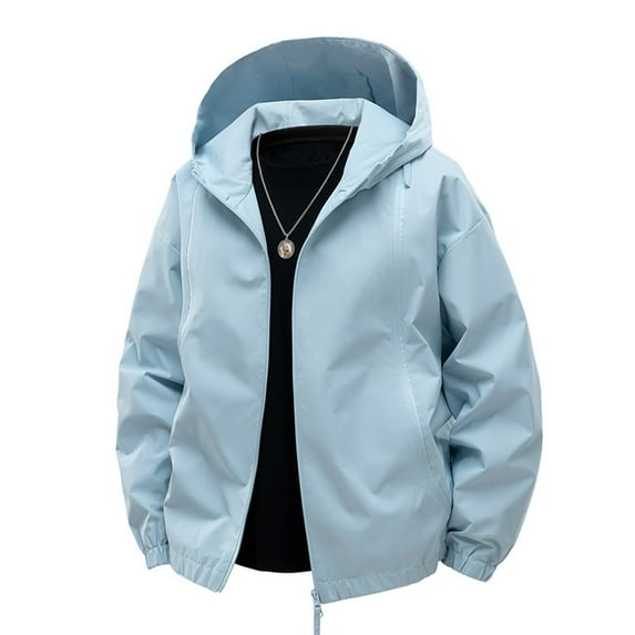 Levmjia Men's Windproof Waterproof Jacket Hooded Rain Jacket Polyester Outdoor Sportswear with Elastic Cuffs Solid Color Casual Coat S-3XL Blue