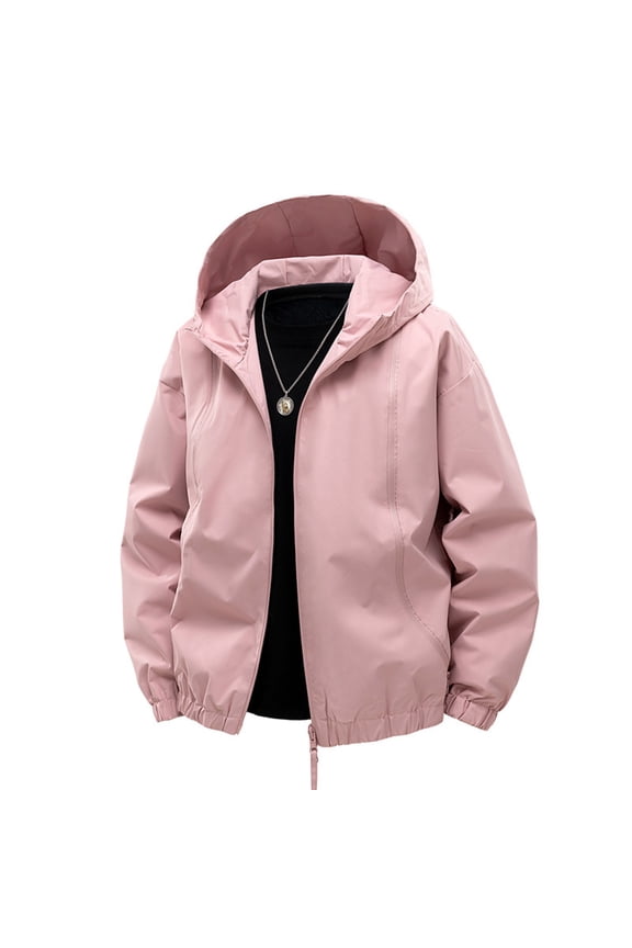 Men's Windproof Waterproof Jacket Hooded Rain Jacket Polyester Outdoor Sportswear with Elastic Cuffs Solid Color Casual Coat S-3XL Pink