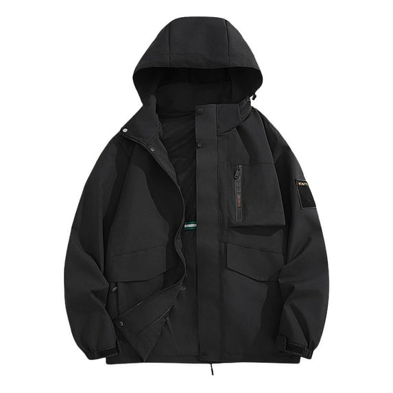 Levmjia Men's Windproof Waterproof Workwear Jacket Outdoor Hiking Rain Coat Hooded Work Jacket with Multiple Pockets 100% Polyester S-5XL Black