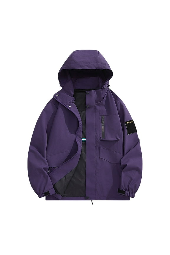 Men's Windproof Waterproof Workwear Jacket Outdoor Hiking Rain Coat Hooded Work Jacket with Multiple Pockets 100% Polyester S-5XL Purple