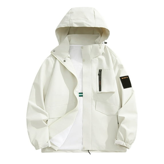 Levmjia Men's Windproof Waterproof Workwear Jacket Outdoor Hiking Rain Coat Hooded Work Jacket with Multiple Pockets 100% Polyester S-5XL White