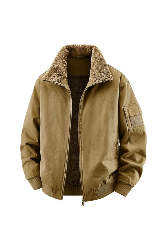 Men's Winter Aviator Jacket Sherpa Lined Cotton Coat Zippered Pocket Outerwear Turn-Down Collar Pilot Jacket Thick Warm Casual Wear Ribbed Cuff Design M-5XL