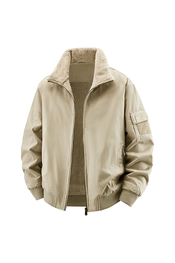 Men's Winter Aviator Jacket Sherpa Lined Cotton Coat Zippered Pocket Outerwear Turn-Down Collar Pilot Jacket Thick Warm Casual Wear Ribbed Cuff Design M-5XL